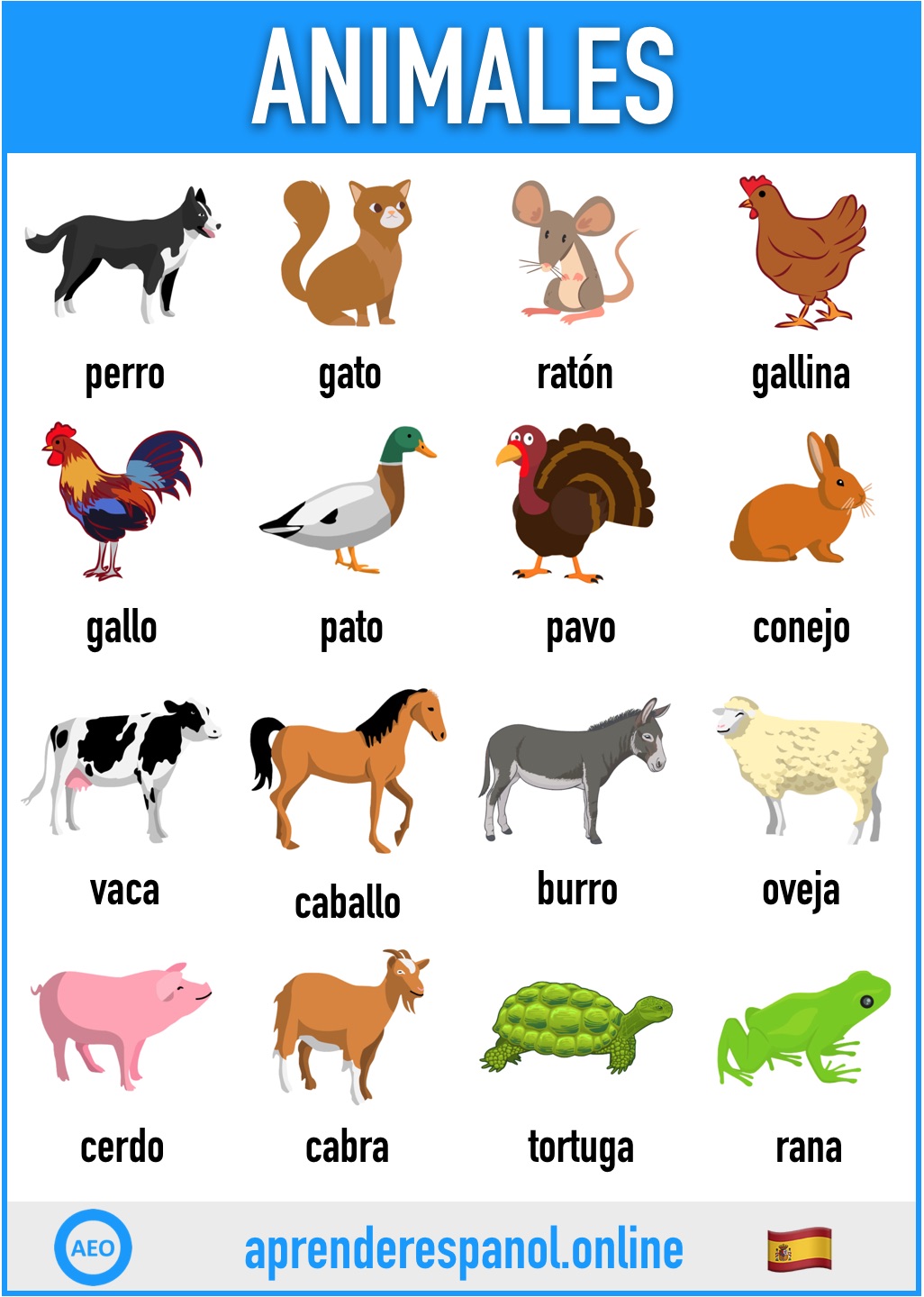 animales en español - aprender español online - vocabulario de los animales en español - animals in spanish - vocabulary of animals in spanish