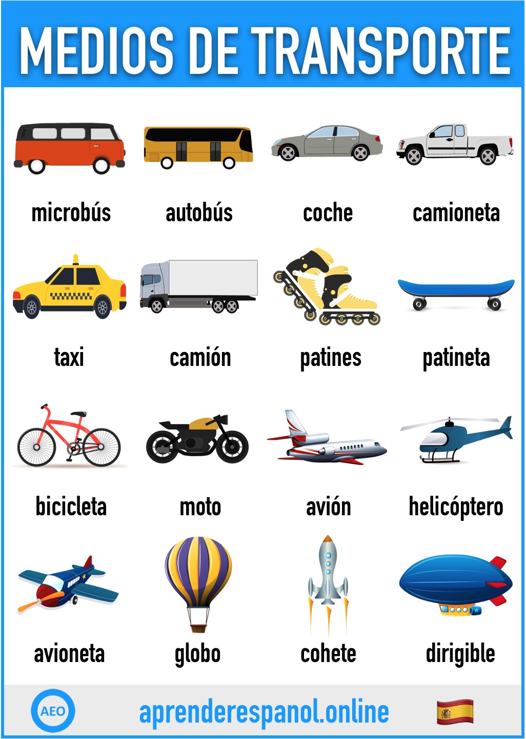 medios de transporte en español - aprender español online - vocabulario de los medios de transporte en español