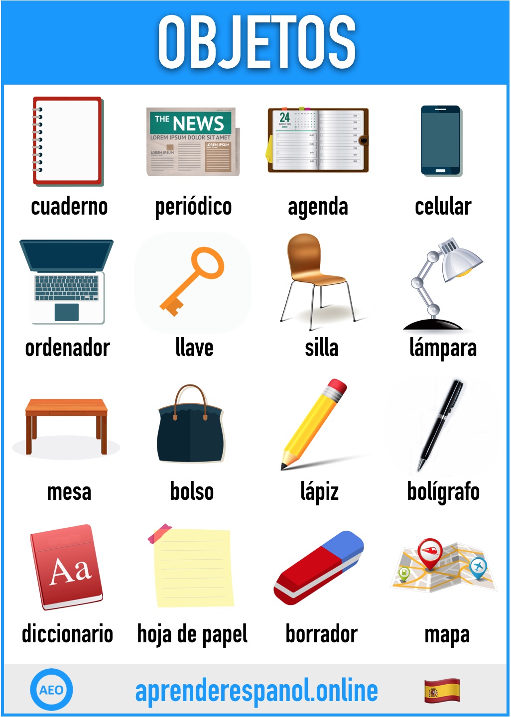 objetos en español - aprender español online - vocabulario de los objetos en español